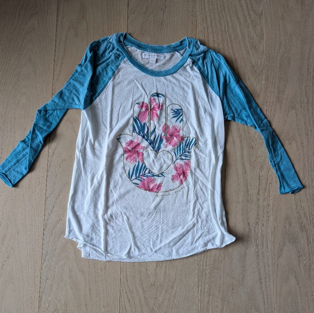 Spiritual Gangster White & Teal Raglan Top with Floral Hamsa Print. Size Medium.